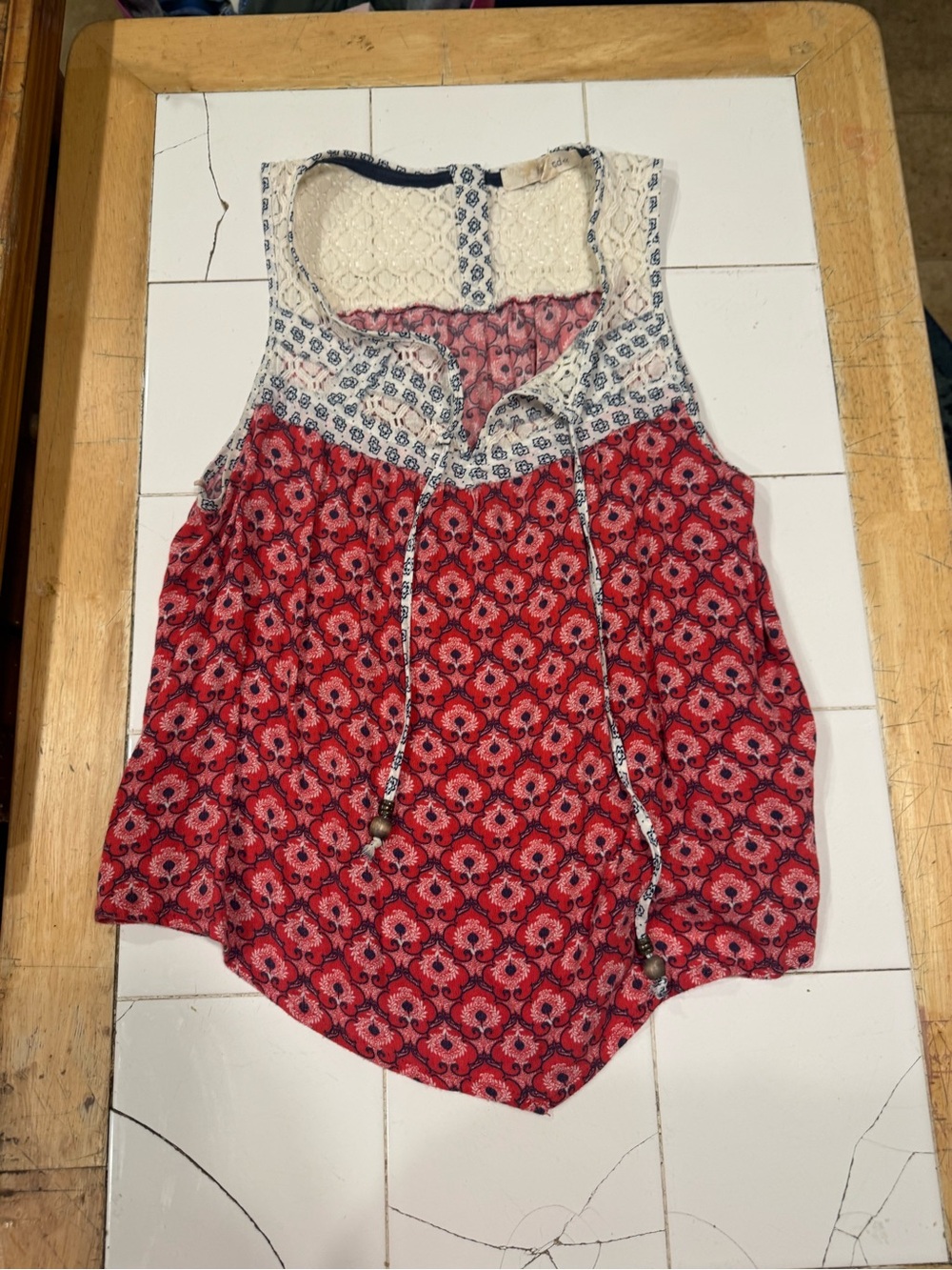 Rewind Red Printed Sleeveless Tank with Lace Yoke